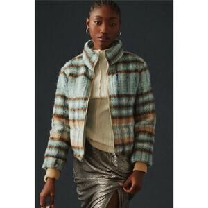 Anthropologie Blue & Brown Plaid Wool Blend Collared Sz Large Zip Boxy Jacket